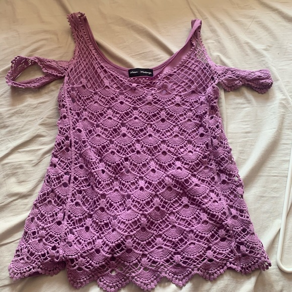 Purple Juniors Lace Crochet Cold Shoulder Top - Picture 2 of 5